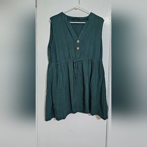 BloomChic Dark Green, Plain Tie Front Button Pocket V Neck Dress